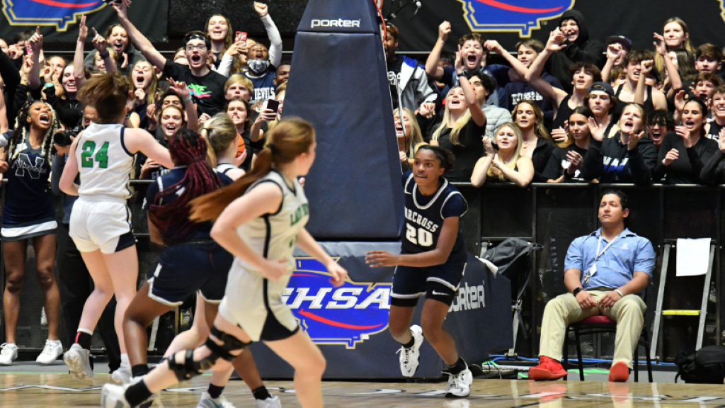 March 12, 2022 Macon - Norcross' Zaria Hurston (20) reacts after scoring at the end of the 4th quarter during the 2022 GHSA State Basketball Class AAAAAAA Girls Championship game at the Macon Centreplex in Macon on Saturday, March 12, 2022. Norcross won 41-37 over Harrison. (Hyosub Shin / Hyosub.Shin@ajc.com)